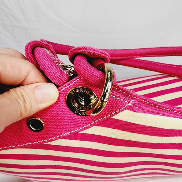 Sigrid Olsen Extra Large Pink & Cream Striped Fabric Tote Bag Shoulder Purse - Picture 3 of 14